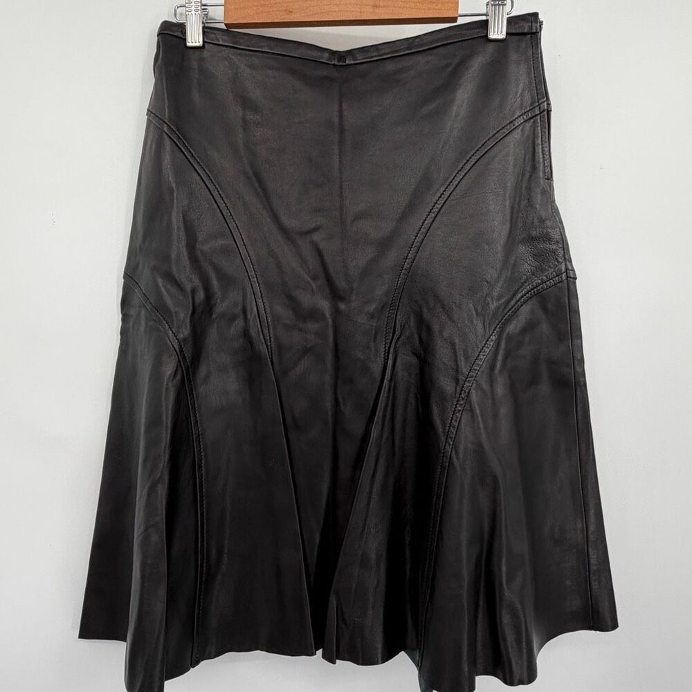 BCBGMAXAZRIA Black 100% Leather Paneled Flare Midi Skirt Women’s Size 6 - Picture 5 of 11